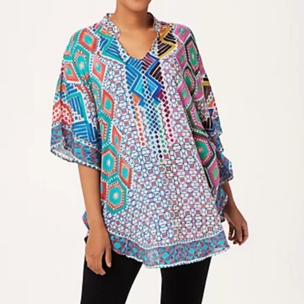 Tolani Collection Mandarin Collar Printed Woven Caftan Tunic NWT